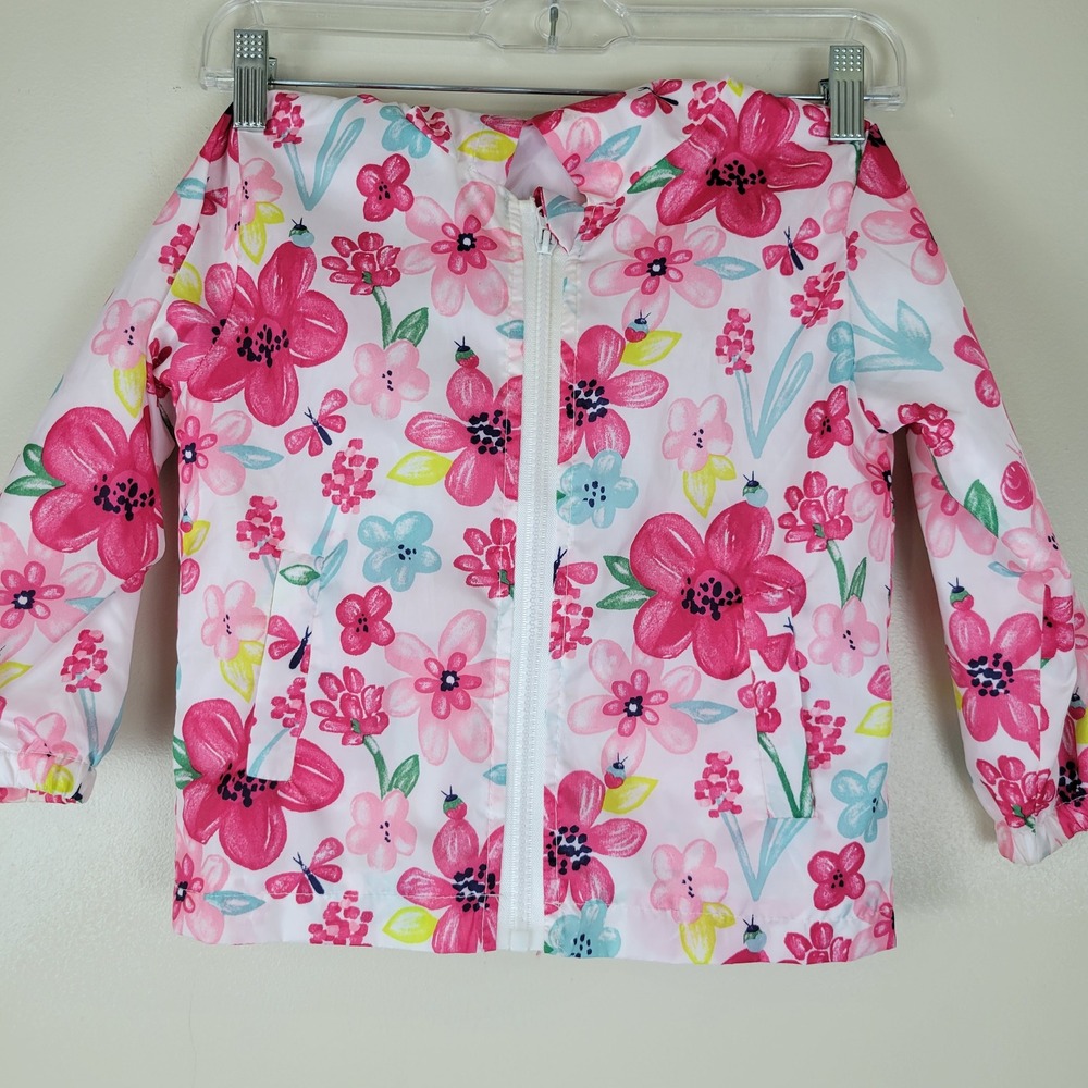 JOMAKE Kids Floral Windbreaker Jacket Pink White Hooded Full Zip Size 110 4T-5T